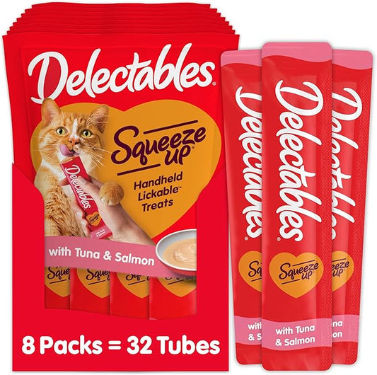 Delectables Squeeze Up Creamy Squeezable Puree, Lickable Wet Cat Treats, Grain Free, No Added Fillers, No By-Products, No Added Preservatives, 0.5 Ounces Tuna & Salmon, 32 Tubes Total