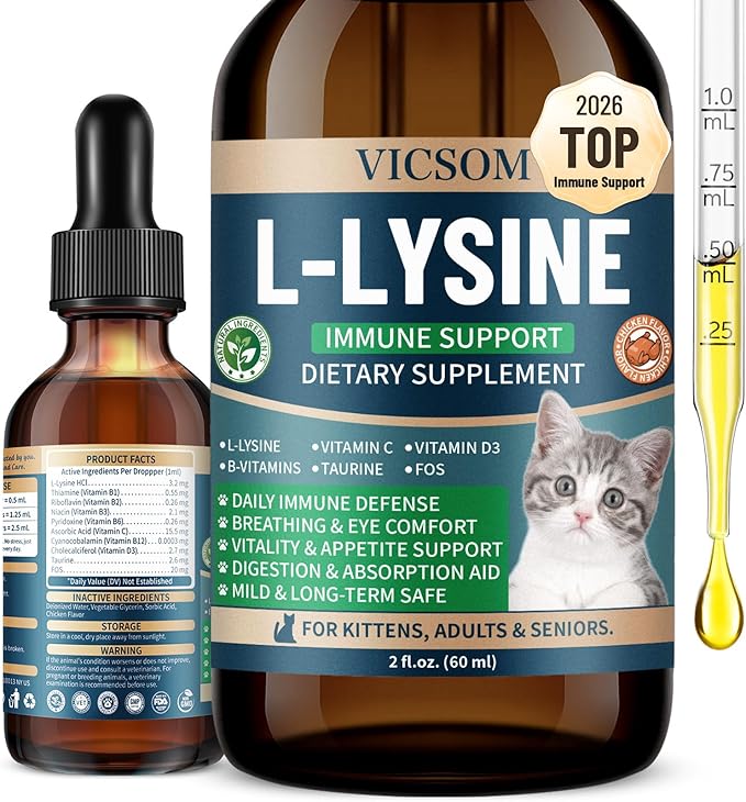 L-Lysine for Cats, Cat Lysine Supplement for Immune Support, Feline Respiratory, Sneezing, Runny Nose, Eye Function, Natural Strengthen Defenses, Chicken Flavor 60 ML