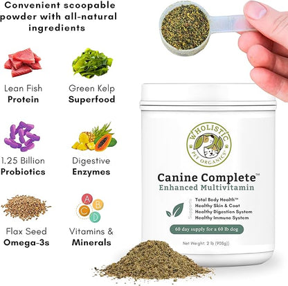 Wholistic Pet Organics Canine Complete - Dog Multivitamin Powder - 2 Lb - Daily Dog Vitamins and Supplements for Homemade Food - Immune System, Skin, Coat & Overall Health - All Breeds - 90 Scoops