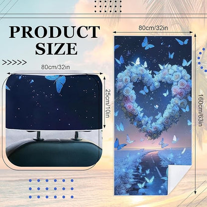 2 Pack Car Towel Seat Covers with Storage Bag, Multifunctional Towel for Gym Outdoor Sport, Picnic, Beach, Pet Dog Travel,Non-Slip Washable Car Seat Protector (Blue Heart)