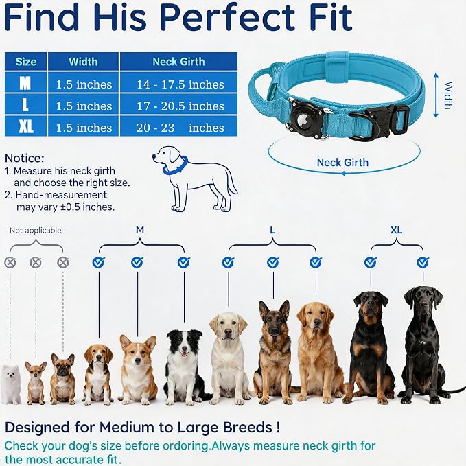 Tactical Airtag Dog Collar Waterproof - Adjustable Nylon Training Collar with Secure Airtag Holder, Control Handle & Quick-Release Buckle for Medium Large Dogs (Blue, L)