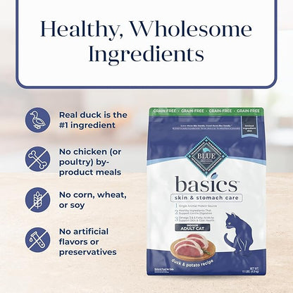 Blue Buffalo Basics Grain-Free Dry Cat Food, Skin & Stomach Care, Limited Ingredient Diet for Indoor Cats, Duck & Potato Recipe, 11-lb. Bag