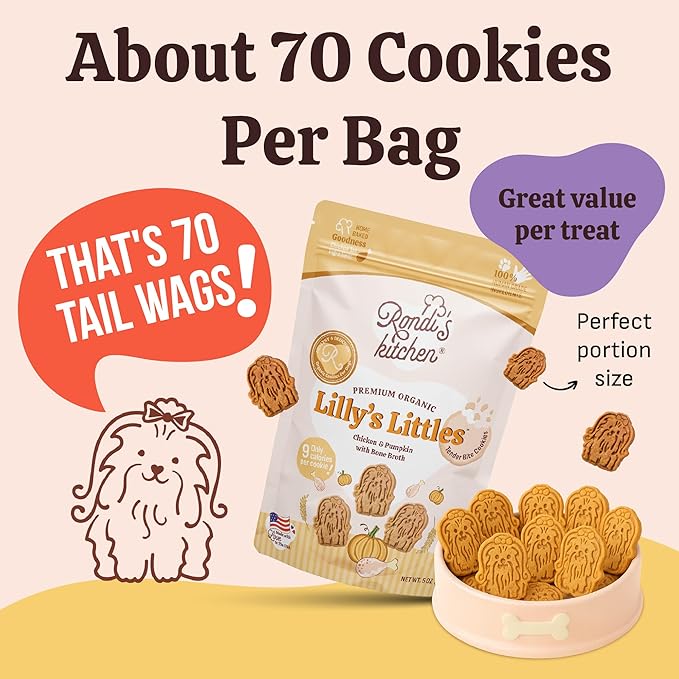 Rondi's Kitchen Lilly's Littles Organic Tender Dog Treats - Natural Doggie Cookie for Small Dogs, Puppy, Senior, Training - Human Grade Superfood Biscuit with Bone Broth - Chicken & Pumpkin