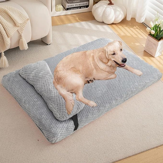 huraty Large Dog Bed Mat with Pillow, Egg Crate Foam Pet Bed Bolster Pillow for Support, Washable Dog Bed Mattress Suitable for Pets Up to 50 lbs, Grey 39.4x25.5x3 in