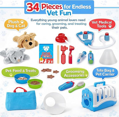 34-Piece Kids Pretend Vet Playset, Veterinarian Role Play Doctor Toy Kit with Plush Dog & Cat, Pet Care Grooming Set with Carrier & Medical Tools