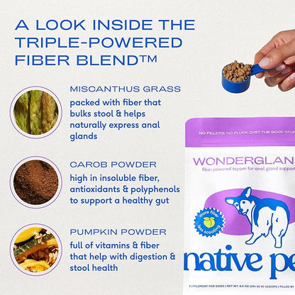 Native Pet WonderGland - Dog Anal Gland Supplement - Promotes Firm Stools, Natural Gland Expression to Help Reduce Scooting - Fiber Food Topper with Miscanthus Grass, Pumpkin & Probiotics - 60 Scoops