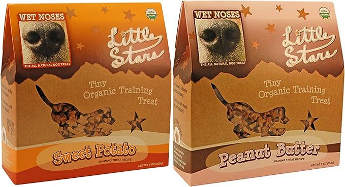 Wet Noses Little Stars Tiny Organic Dog Training Treats in 2 Flavors: (1) Peanut Butter and (1) Sweet Potato (2 Boxes Total, 9 Ounces Each)