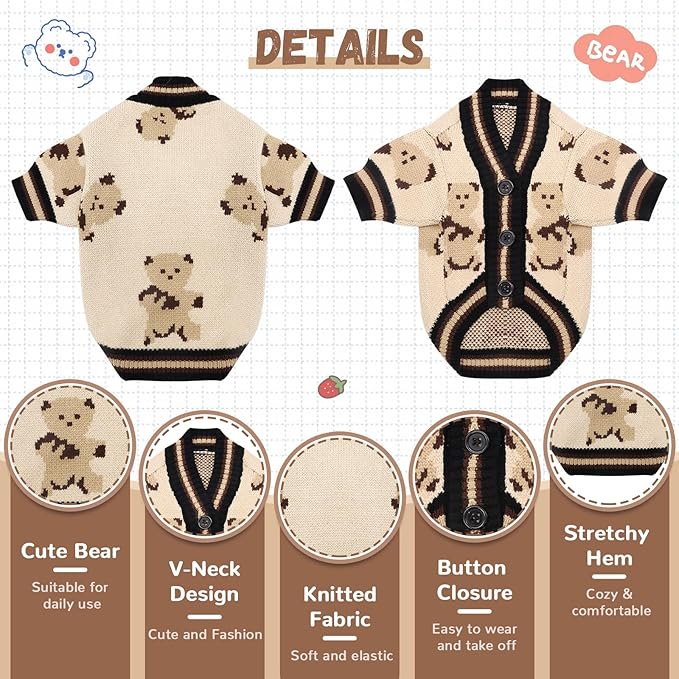 ABRRLO Small Dog Sweaters Cute Bear Dog Cardigans Clothes for Small Medium Dogs Boy Girl Puppy Cat Knitting Cardigan Outfits Dogs Autumn Coats Warm Pet Doggy Clothes Soft Knitwear Apparel (Beige,L)