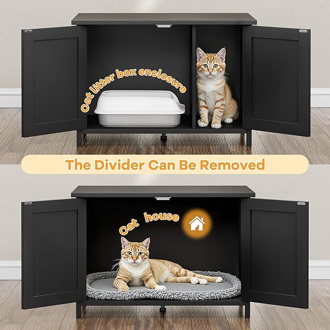 Shintenchi Cat Littler Box Enclosure, Litter Box Furniture Hidden with Removable Divider, Cat House with End Table, Black, 31.5 inch