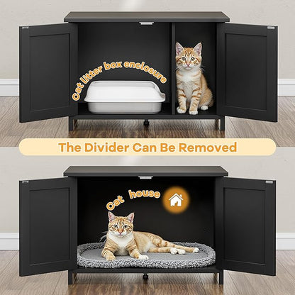 Shintenchi Cat Littler Box Enclosure, Litter Box Furniture Hidden with Removable Divider, Cat House with End Table, Black, 31.5 inch