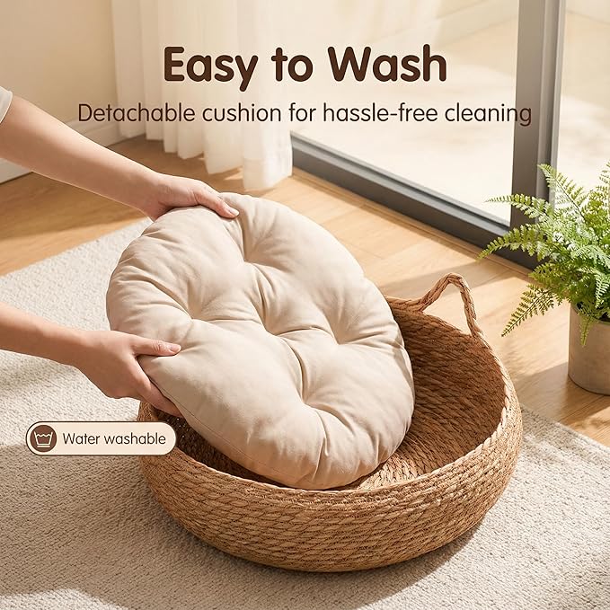 17" Woven Cat Basket Bed for Cats, Pet House with Cooling Mat & Soft Cushion for All Seasons - Washable, Handmade Braided Cattail Leaf, Boho Style, Cream White