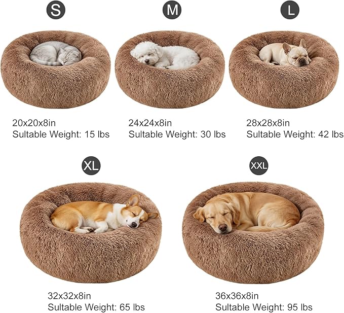 Dog Calming Beds for Small Medium Large Dogs - Round Donut Washable Dog Bed, Anti-Slip Faux Fur Fluffy Donut Cuddler Anxiety Cat Bed(28" Khaki