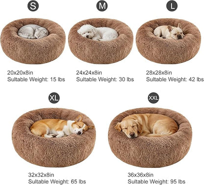 Dog Calming Beds for Small Medium Large Dogs - Round Donut Washable Puppy Dog Bed, Anti-Slip Faux Fur Fluffy Donut Cuddle Anxiety Cat Pet Bed(20'' Khaki