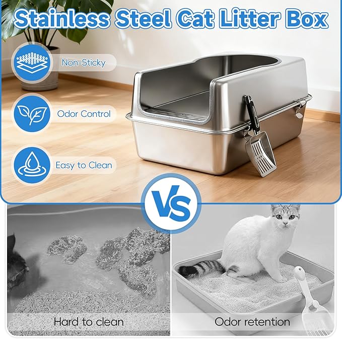 Stainless Steel Cat Litter Box XXL, 23.6" L x 15.7" W x 11.8" H Extra Large Semi Enclosed Removable Metal Litter Tray with High Sided Enclosure, Scoop, Anti-Leakage, Non-Sticky, Easy Cleaning
