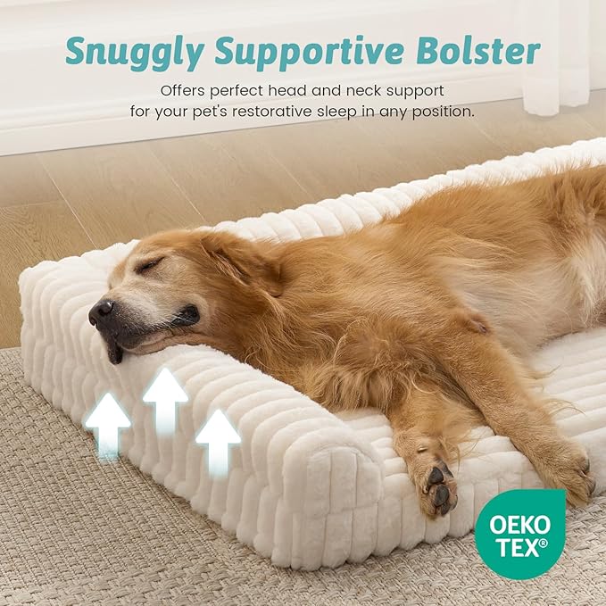 COZY KISS Large Dog Bed, Faux Rabbit Fur Orthopedic Foam Dog Bed with Sides, Removable Washable Cover & Waterproof Lining, Comfortable Pet Couch for Large Dogs, Cream (44" L x 32" W x 7" Th)