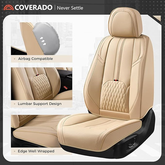 Coverado Car Seat Covers, Front Seat Covers with Lumbar Support, Beige Leather Seat Cover for Cars, Waterproof Car Seat Protector, Automotive Seat Cover Car Seat Cushion Universal Fit for Most Cars