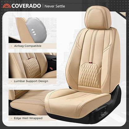Coverado Seat Covers for Cars, 5 Seat Waterproof Seat Cover with Lumbar Support, Front and Rear Seat Covers, Luxury Leather Car Seat Protectors, Car Seat Cushions Universal Fit for Most Cars (Beige)