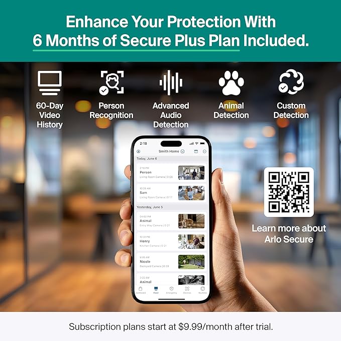 Arlo Essential Indoor Pan Tilt Security Camera 2K (2025 Release) + 6 Months of Secure Plus Plan - Wired Plug-in Power, Person Recognition, Animal Detection, Auto Motion Tracking, 1 Cam, White