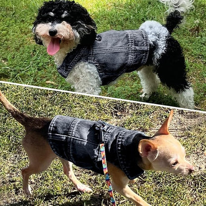Dog Jean Jacket, Blue Denim Shirt Classic Lapel Vest Coat Costume Puppy T-Shirt, Comfort Tank Top Cool Apparel, Washed Pet Clothes for Dogs Boy Girl (Black with D-Ring, Small)