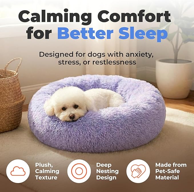 Best Pet Supplies Round Calming Dog Bed for Small, Medium & Large Dogs, Plush Donut Cuddler Pet Bed w/Raised Rim for Head, Neck Support, Anti-Slip Bottom Washable Bed - Lavender, 20 x 20 x 6