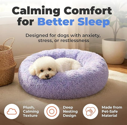 Best Pet Supplies Round Calming Dog Bed for Small, Medium & Large Dogs, Plush Donut Cuddler Pet Bed w/Raised Rim for Head, Neck Support, Anti-Slip Bottom Washable Bed - Lavender, 20 x 20 x 6