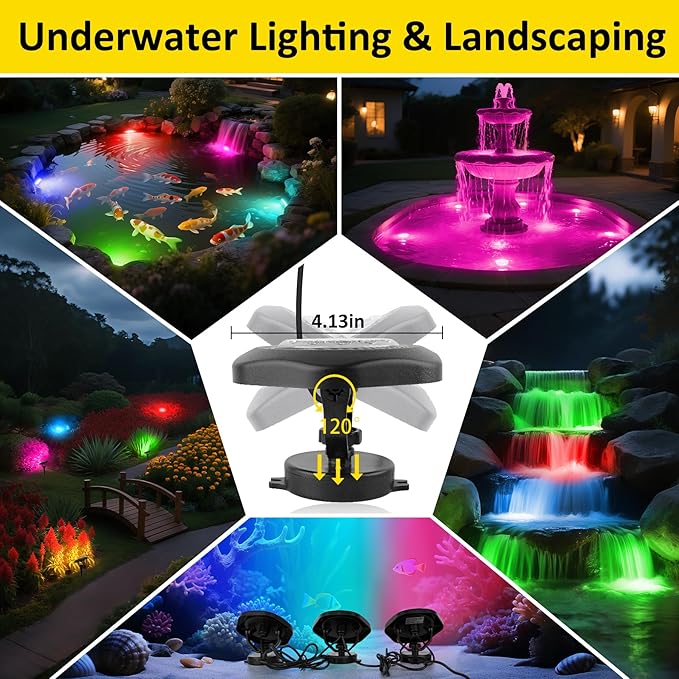 T-SUN RGB Submersible Pond Lights with APP and Remote Control 3 Pack | IP68 Waterproof Dimmable Timer Color Changing Fountain Lights led Underwater Pond Lights for Outdoor Pond Koi Aquarium Garden