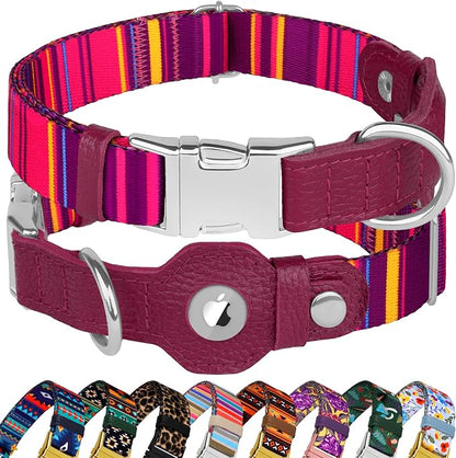 AirTag Dog Collar for Small Medium Large Breed - Adjustable Cute Pattern Dog Collar with Airtag Holder - Soft Leather Tracker GPS Apple Air Tag Pet Collars (X-Small, 9"-12" Neck Fit, Striped)