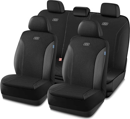 Skechers Car Seat Covers, Work Leather Seat Covers 5-Times Stronger Built-in Webbing, Oxford Fabric Seat Cover Full Sets, Airbag Compatible, Automotive Comfort for Cars, Trucks, SUVs,Black