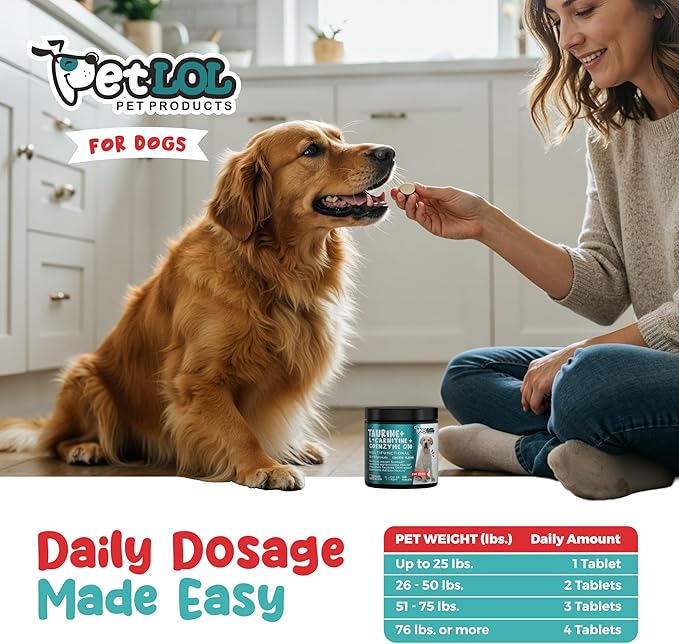 Taurine Supplement for Dogs with L-Carnitine and Coenzyme Q10 (CoQ10): Vet Endorsed for Enlarged Heart (DCM), Congestive Heart Failure, Taurine Deficiency: 3-in-1 | Dog Supplements- 120ct