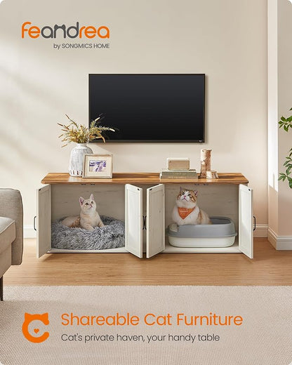 Feandrea Double Cat Litter Box Enclosure, Modern Litter Box Furniture Hidden for 2 Cats, Front Entry, Cat House, Side End Table, TV Stand, 59 x 19 x 19.5 Inches, Honey Brown, Rustic White UPCL010K01