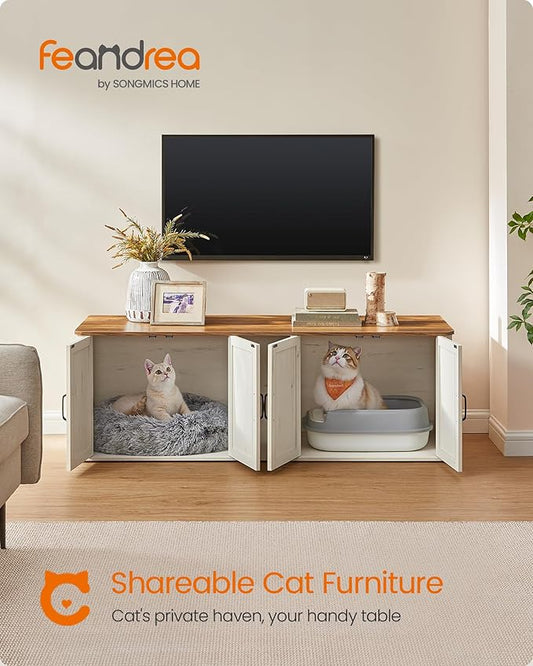 Feandrea Double Cat Litter Box Enclosure, Modern Litter Box Furniture Hidden for 2 Cats, Front Entry, Cat House, Side End Table, TV Stand, 59 x 19 x 19.5 Inches, Honey Brown, Rustic White UPCL010K01