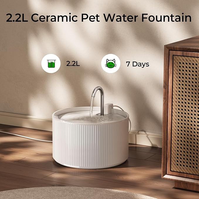 Voluas 2.2L Ceramic Cat Water Fountain with 3 Filter Automatic Pet Fountain | 74oz capacity, ceramic bowl, 4-layer filtration, ultra-quiet pump, faucet and bubbling modes, easy to clean, dishwasher-safe