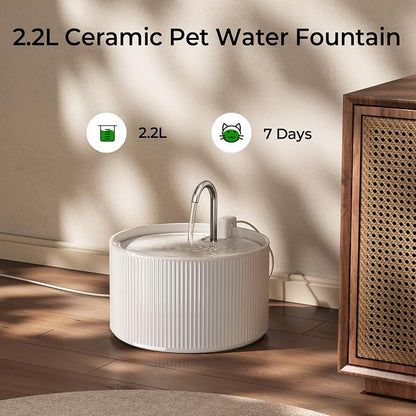 Voluas 2.2L Ceramic Cat Water Fountain with 3 Filter Automatic Pet Fountain | 74oz capacity, ceramic bowl, 4-layer filtration, ultra-quiet pump, faucet and bubbling modes, easy to clean, dishwasher-safe
