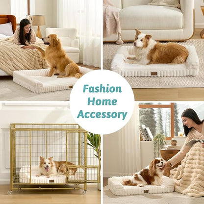 COZY KISS Cute Dog Bed for Extra Large Dogs, Faux Rabbit Fur Orthopedic Foam Dog Bed with Sides, Removable Washable Cover & Waterproof Lining, Comfortable Pet Couch, Cream (48" L x 35" W x 7.5" Th)