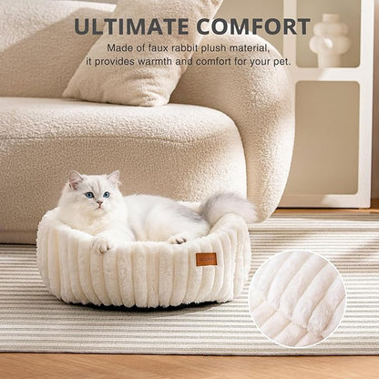 Cat Beds, Self Warming Cat Bed, Washable Pet Beds for Indoor Cats, Super Soft Faux Rabbit Fur Pet Bed for Puppy and Kitten with Anti-Slip Bottom (White, 20"x20"x8")