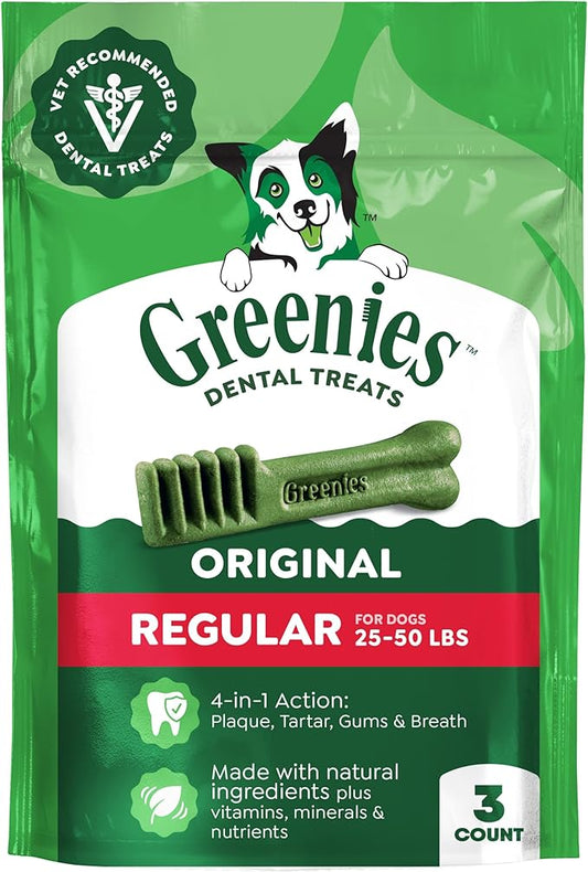 Greenies Veterinarian-Recommended Adult Natural Dental Dog Treats Regular Size, Dog Dental Chews, Original Flavor, 3 oz. Pack, 3 Count