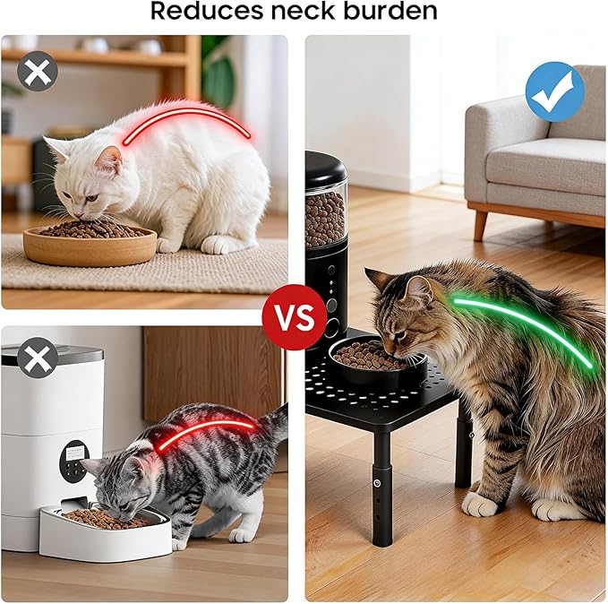 ‌Adjustable Automatic Cat Feeder Stand - Non-Slip Elevated Holder for Cats/Puppies, Fits Most Automatic Feeders & Water Dispensers, Black(Holder ONLY)