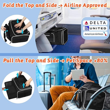 Petskd Top and Side Expandable Pet Carrier 18x11x11 Inches Delta United Airline Approved, Soft-Sided Carrier for Small Cats and Dogs with Locking Safety Zippers and Anti-Scratch Mesh(Black)