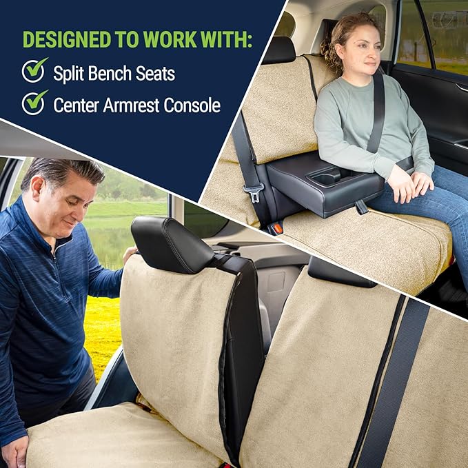 Season Guard Back Seat Towel Seat Cover for Cars; Great for After Gym Workouts, Dogs, and Outdoor Activities; Universal Fit for Cars SUVs Vans Trucks Rear Seats, EZ fit, Non Slip Grip, Tan