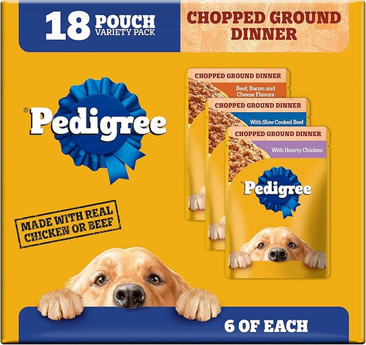 Pedigree Chopped Ground Dinner Wet Dog Food Pouches Variety Pack, 3.5 oz Pouches, 18 Count