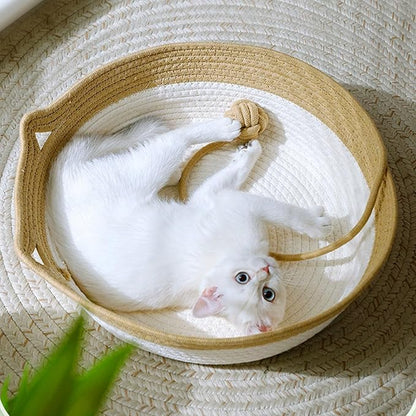 Handwoven Cat Bed, Cotton Rope Cat Basket Comfy Cat House for Summer and All Seasons, M Litter Basket with Unique Design, Easily Washed, Multifunctional Pet Supplies
