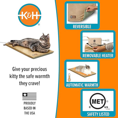 K&H Pet Products Heated Cat Bed Pad for Indoor Cats, Thermo-Kitty Mat Calming Warm Pet Heating Pad for Inside Pets, Machine Washable, Waterproof Heater, Safety Listed - 12.5 X 25in Sage/Tan