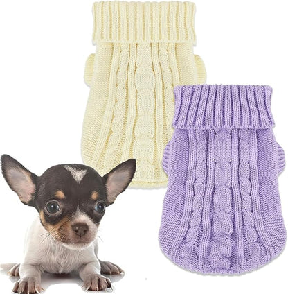 2 Pack Dog Sweaters for Small Dogs, Chihuahua Yorkie Sweater, Puppy Clothes Winter Warm Pullover Clothing, Pet Cat Cold Weather Puppy Cold Outfits M (Beige+Purple)