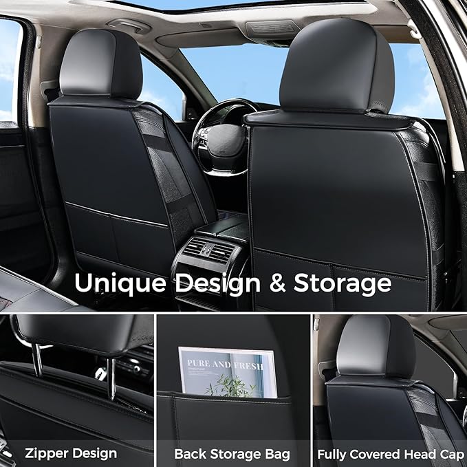 Huidasource Front Car Seat Covers, Leather Car Seat Cushion, Automotive Car Seat Cover Protector Universal Fit Front Seat, Airbag Compatible, for Most Cars,Vans,Trucks, SUVs (Front Pair/Black&Blue)