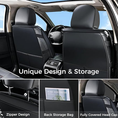 Huidasource Seat Covers Full Set, Nappa Leather Seat Cover, Hollowed-Out Side Compatible with Airbags Child Seat, Velcro Adjustable Universal Fit for Most Cars Vans Trucks SUVs (Full Set/Black＆Blue)