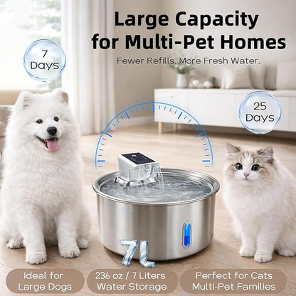 7L Stainless Steel Pet Water Fountain, Cordless Battery Powered for Cats & Dogs, Quiet Flow Automatic Dispenser with 4 Filters Included