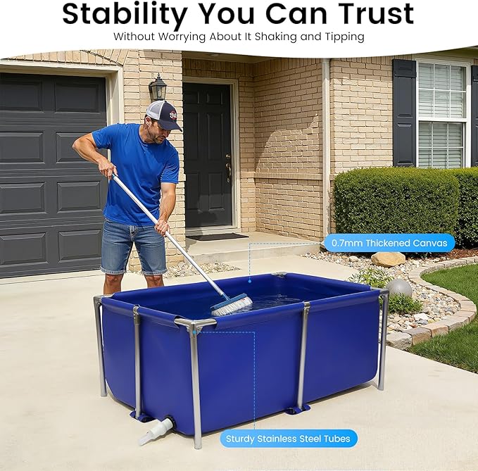 Canvas Above Ground Fish Pond with Steel Frame, Drain Valve, Blue Aquarium Pool, Koi Pond, Foldable Water Storage, Display Show Tank