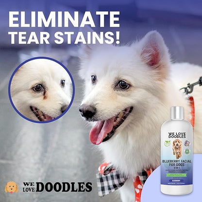 Blueberry Facial Dog Shampoo - Dog Tear Stain Remover, Brightens & Whitens Coat, Cleans & Deodorizes, Tearless, 16:1 Concentrated, 16 oz [We Love Doodles]