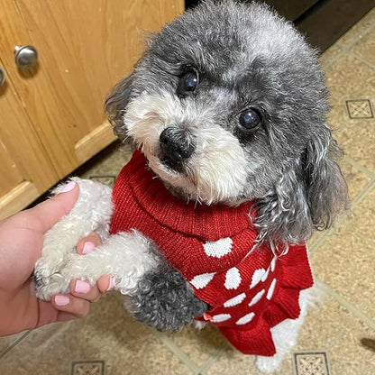 KYEESE Dog Sweater Dress with Leash Hole Polka Dot Turtleneck for Girl Dogs Sweaters Red Knit Pullover with Pom Pom Ball