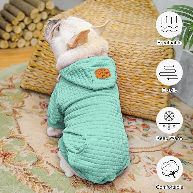 BEAUTYZOO Small Dog Hoodie Sweater with Pockets, Dog Clothes for Small Medium Dogs Boy Girl, Waffle-Like Laminated Cotton Pet Coats with Hat and Leash Hole, Mint Green XXS